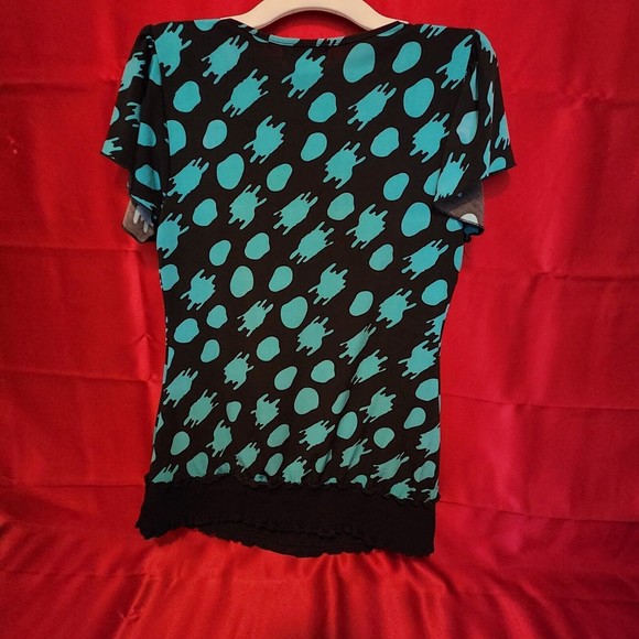 HOT TEMPERED Size Large Short Sleeve Blouse Black Green Polka Dot Stretch Dress - Picture 4 of 5